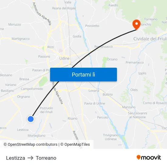 Lestizza to Torreano map