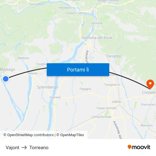 Vajont to Torreano map