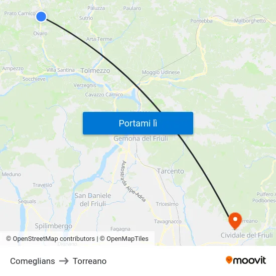 Comeglians to Torreano map