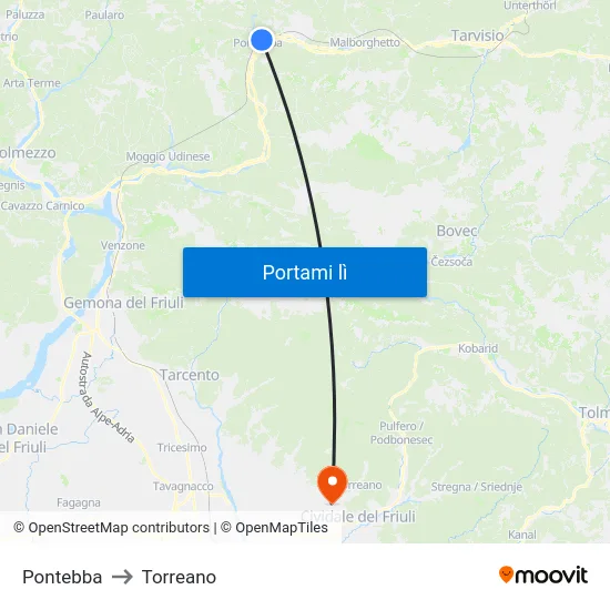Pontebba to Torreano map