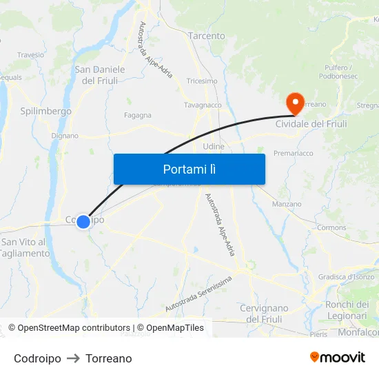 Codroipo to Torreano map