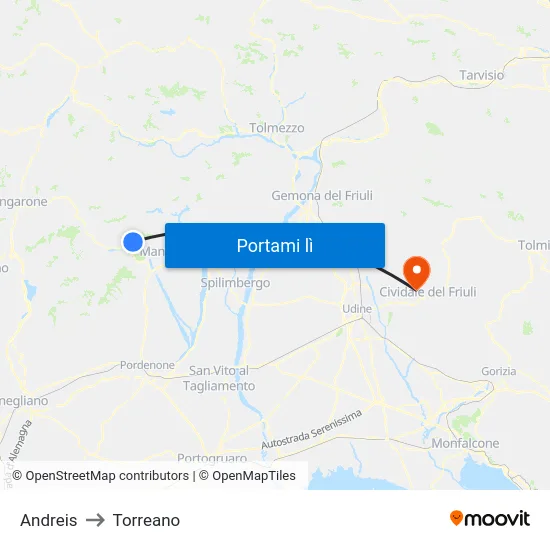 Andreis to Torreano map