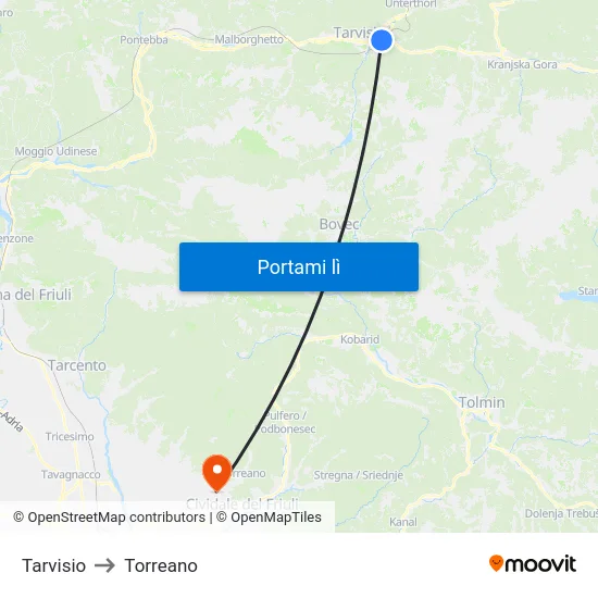 Tarvisio to Torreano map