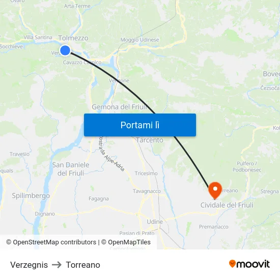 Verzegnis to Torreano map