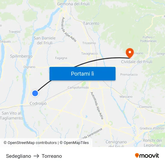 Sedegliano to Torreano map