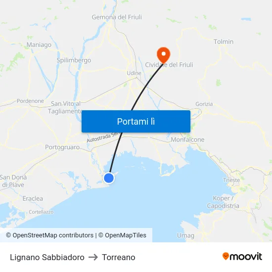 Lignano Sabbiadoro to Torreano map
