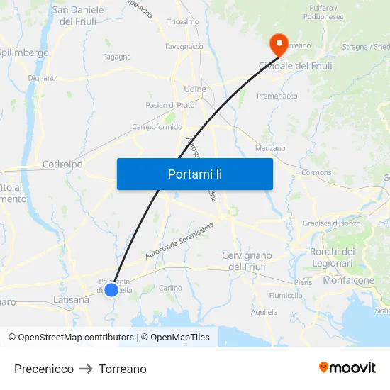 Precenicco to Torreano map