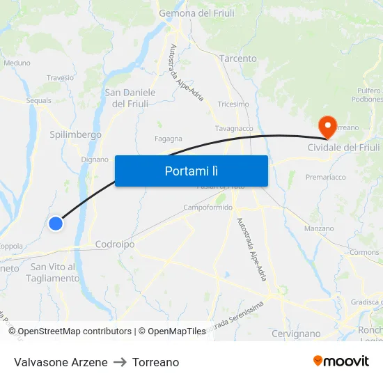 Valvasone Arzene to Torreano map