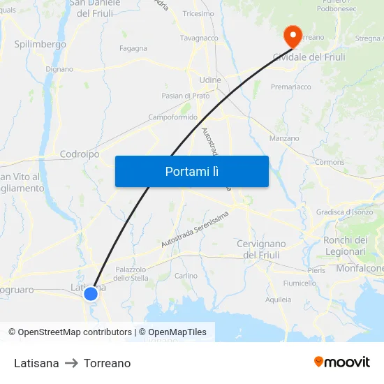 Latisana to Torreano map