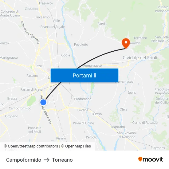 Campoformido to Torreano map