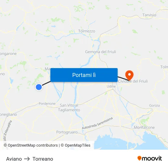 Aviano to Torreano map