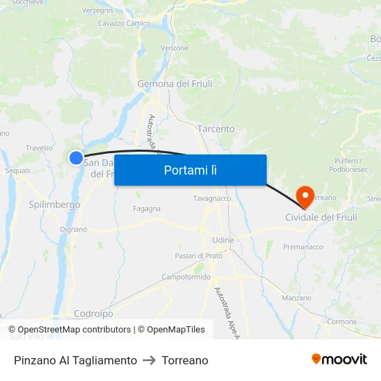 Pinzano Al Tagliamento to Torreano map