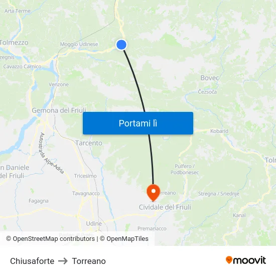 Chiusaforte to Torreano map