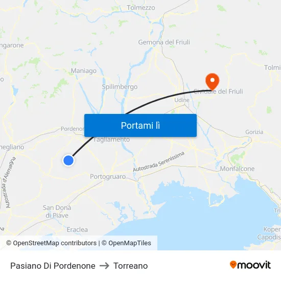 Pasiano Di Pordenone to Torreano map