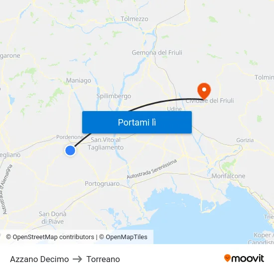 Azzano Decimo to Torreano map