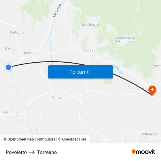 Povoletto to Torreano map