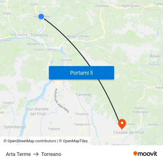 Arta Terme to Torreano map