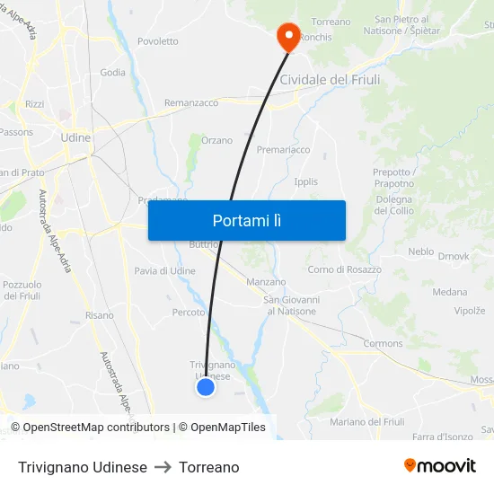 Trivignano Udinese to Torreano map