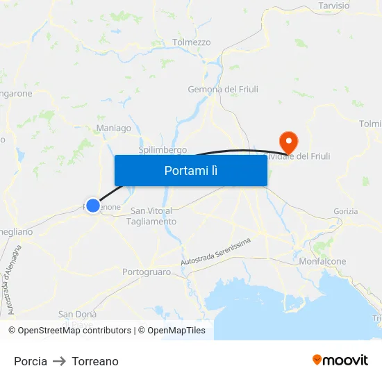 Porcia to Torreano map