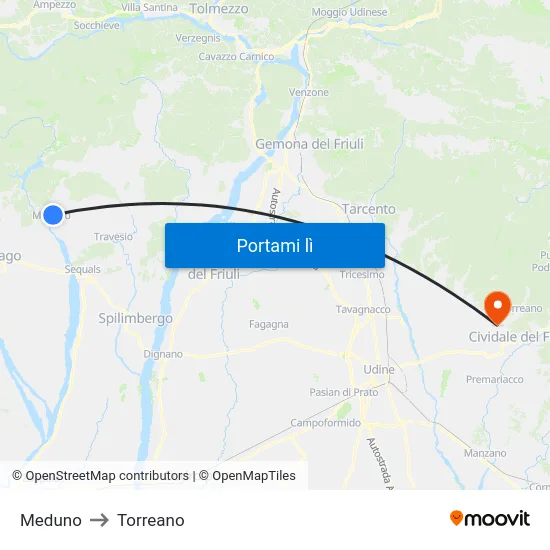 Meduno to Torreano map