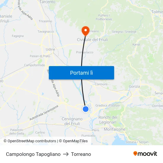 Campolongo Tapogliano to Torreano map