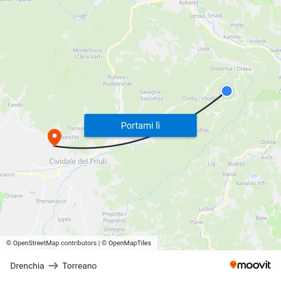Drenchia to Torreano map