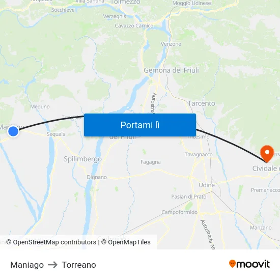 Maniago to Torreano map