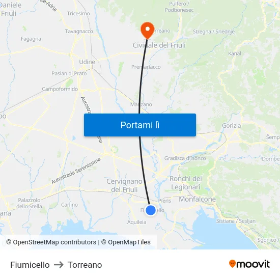 Fiumicello to Torreano map