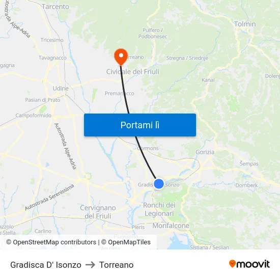 Gradisca D' Isonzo to Torreano map