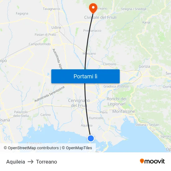 Aquileia to Torreano map