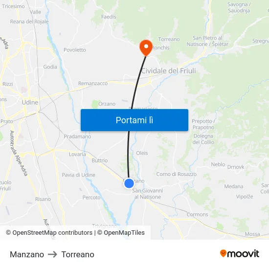 Manzano to Torreano map