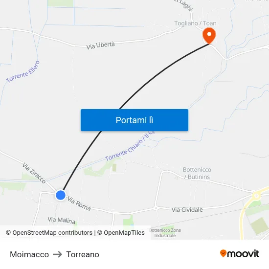 Moimacco to Torreano map