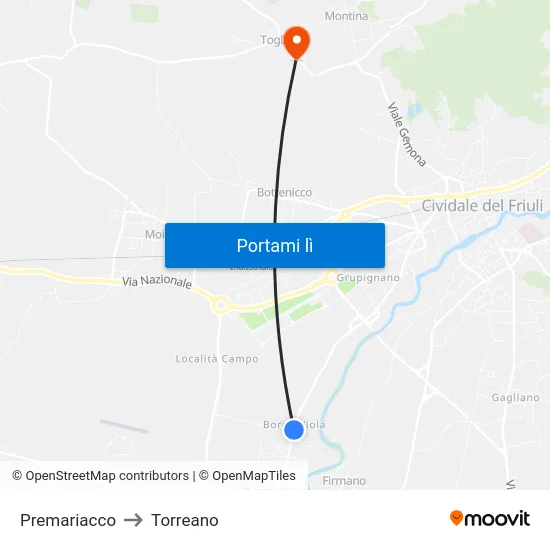 Premariacco to Torreano map