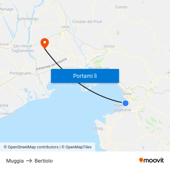 Muggia to Bertiolo map