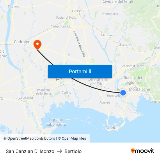 San Canzian D' Isonzo to Bertiolo map