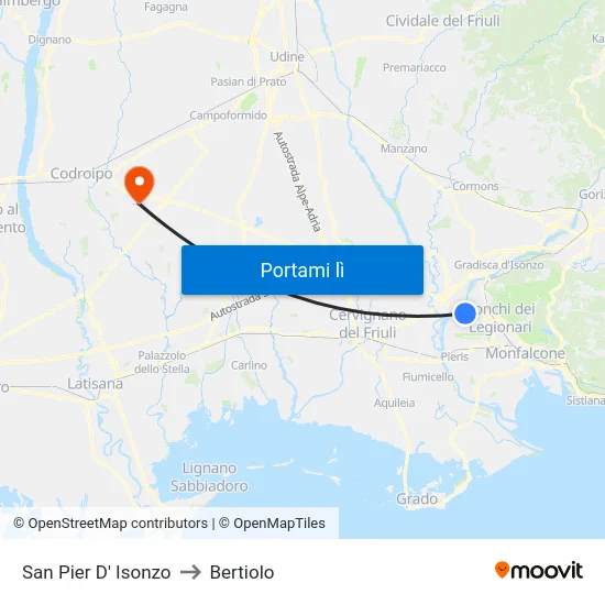 San Pier D' Isonzo to Bertiolo map