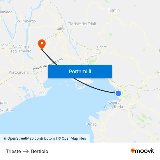 Trieste to Bertiolo map