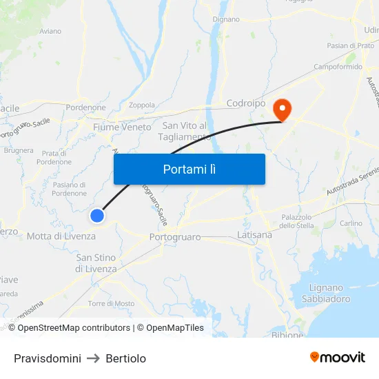 Pravisdomini to Bertiolo map