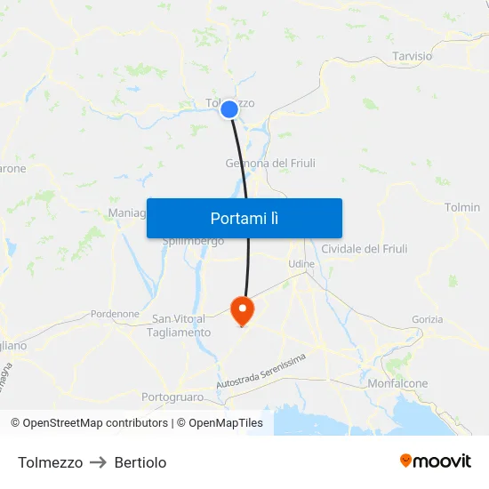 Tolmezzo to Bertiolo map