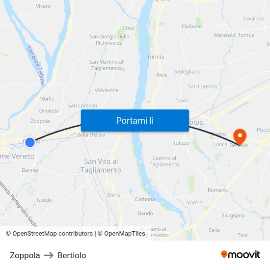 Zoppola to Bertiolo map