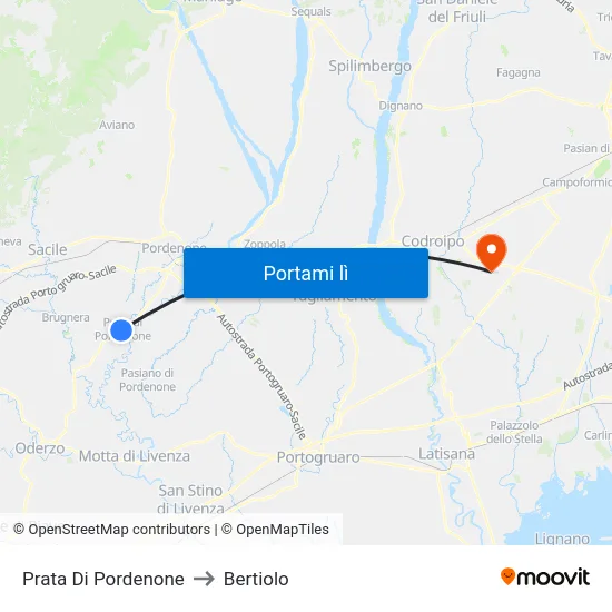 Prata Di Pordenone to Bertiolo map