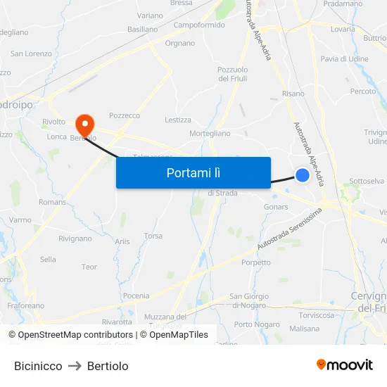 Bicinicco to Bertiolo map