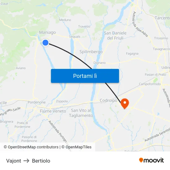 Vajont to Bertiolo map
