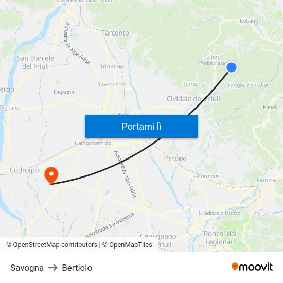 Savogna to Bertiolo map