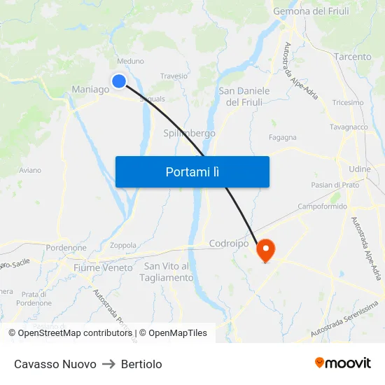 Cavasso Nuovo to Bertiolo map