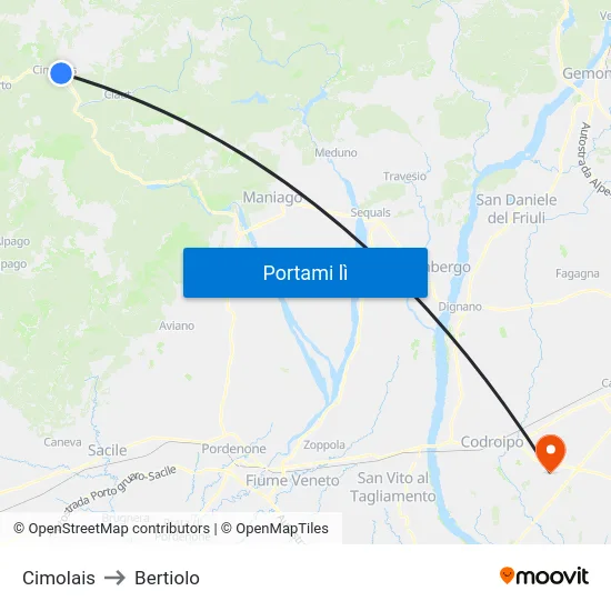 Cimolais to Bertiolo map