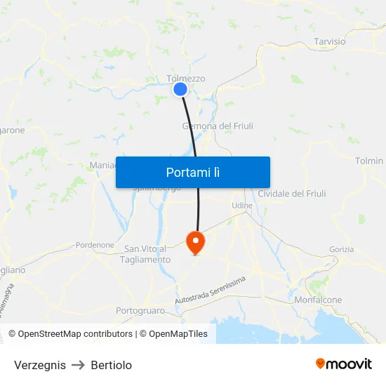 Verzegnis to Bertiolo map