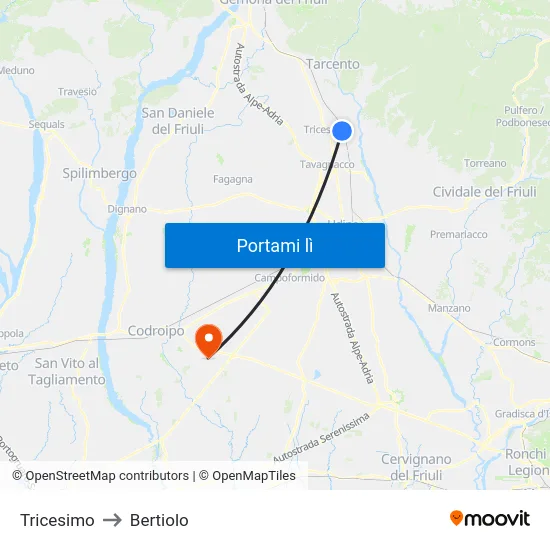 Tricesimo to Bertiolo map