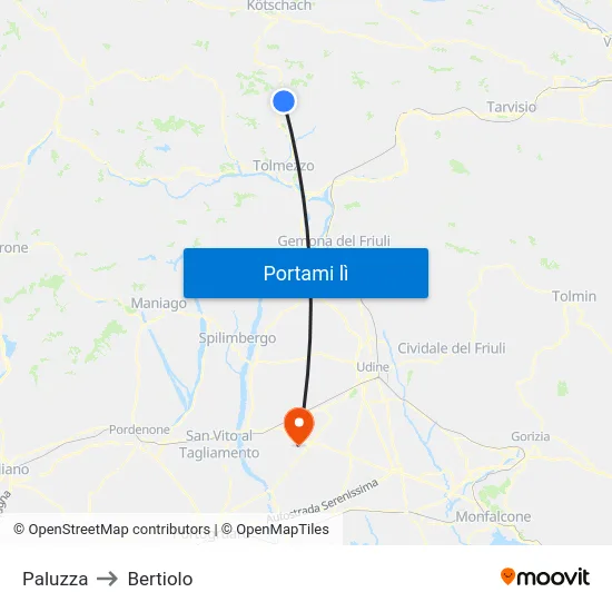 Paluzza to Bertiolo map