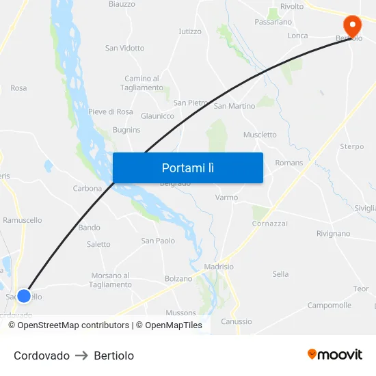 Cordovado to Bertiolo map